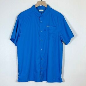 Columbia Mens PFG Fishing Shirt M Blue Omni-Shade Short Sleeve Hiking Gorpcore